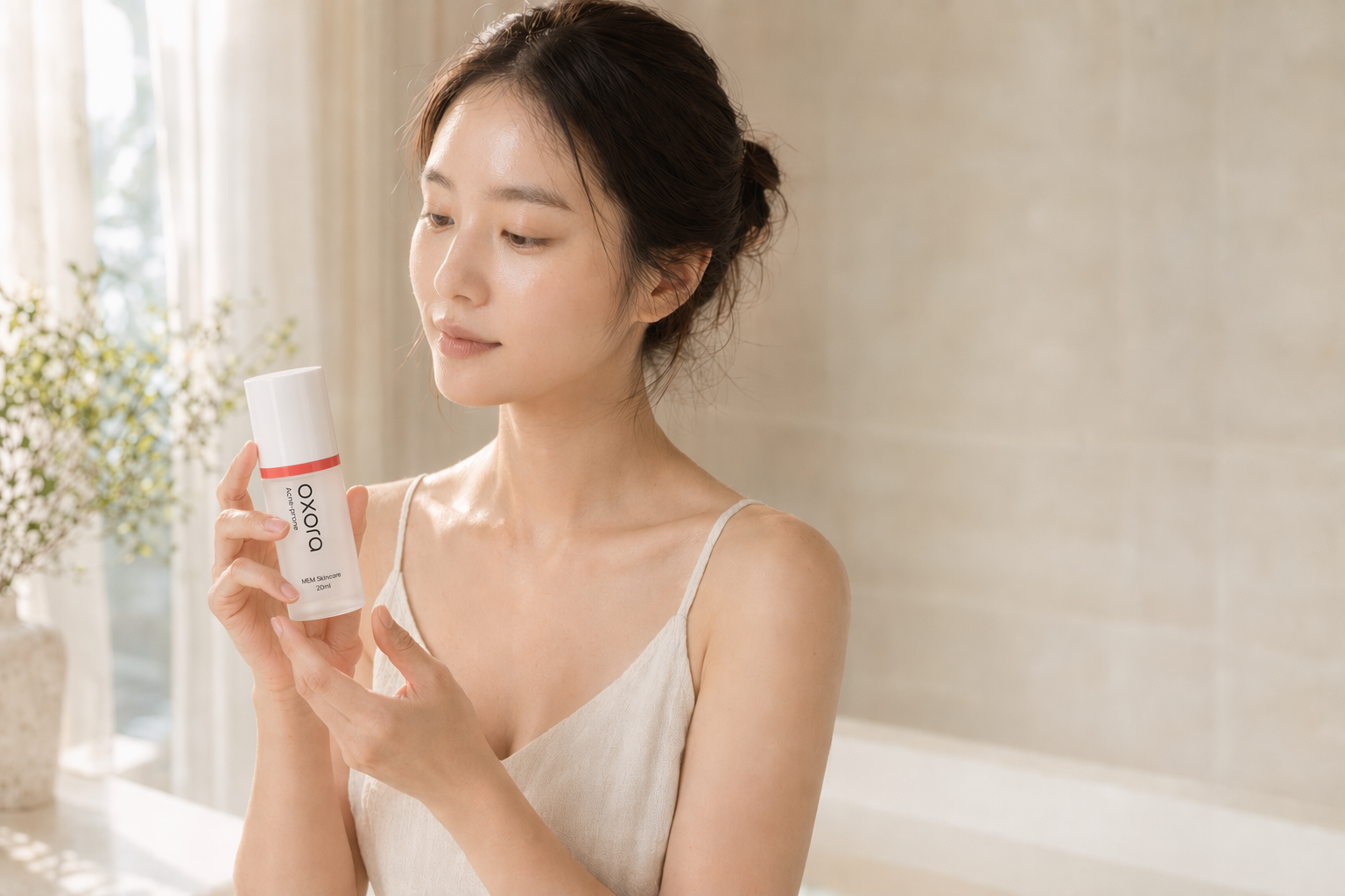 A woman holding Oxora Acne-prone at a sunlit vanity