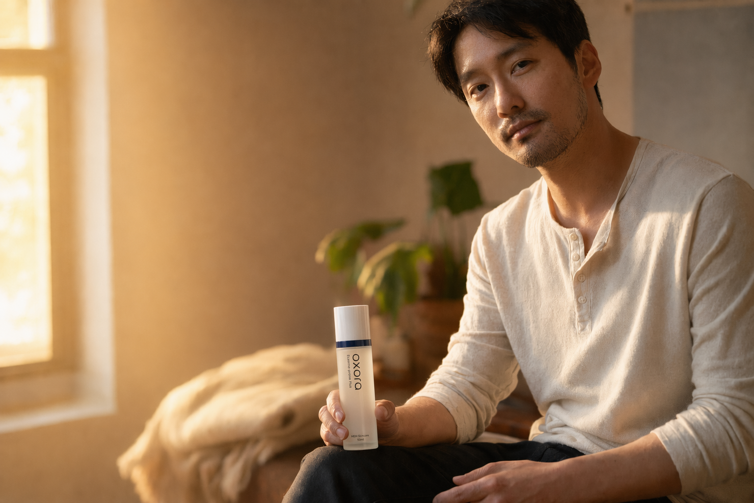 A man holding Oxora Eczema-prone Plus in warm lamplight
